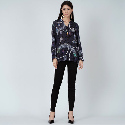 Blue Jewel Print Lace-Up Top