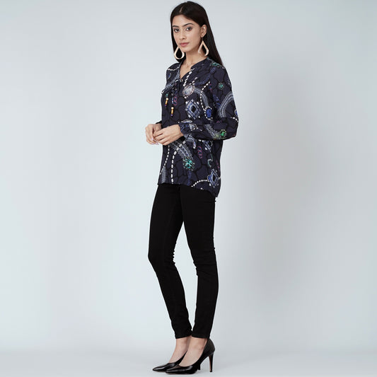 Blue Jewel Print Lace-Up Top