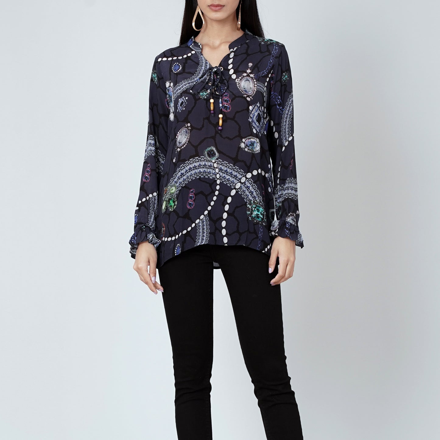 Blue Jewel Print Lace-Up Top