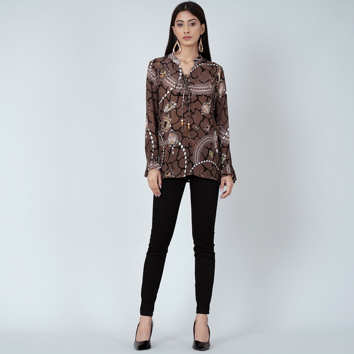 Brown Jewel Print Lace-Up Top