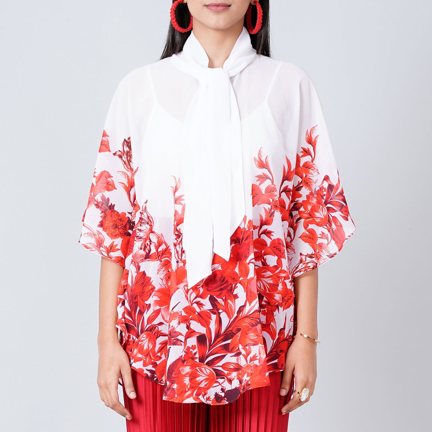 Red Floral Print Top for Women – Polyester Georgette – Detail View | First Resort by Ramola Bachchan