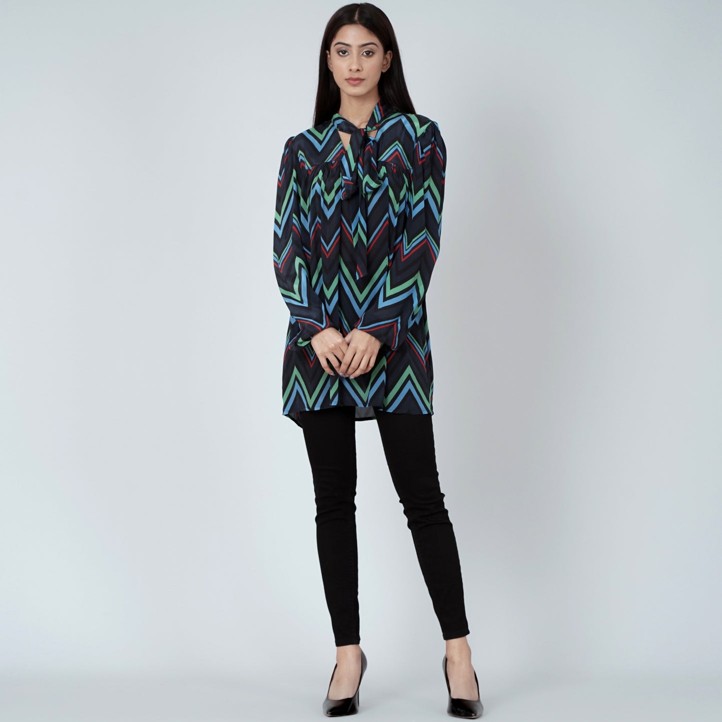 Blue and Green Chevron Tie-Neck Top