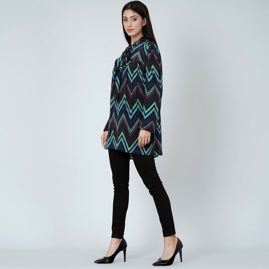 Blue and Green Chevron Tie-Neck Top