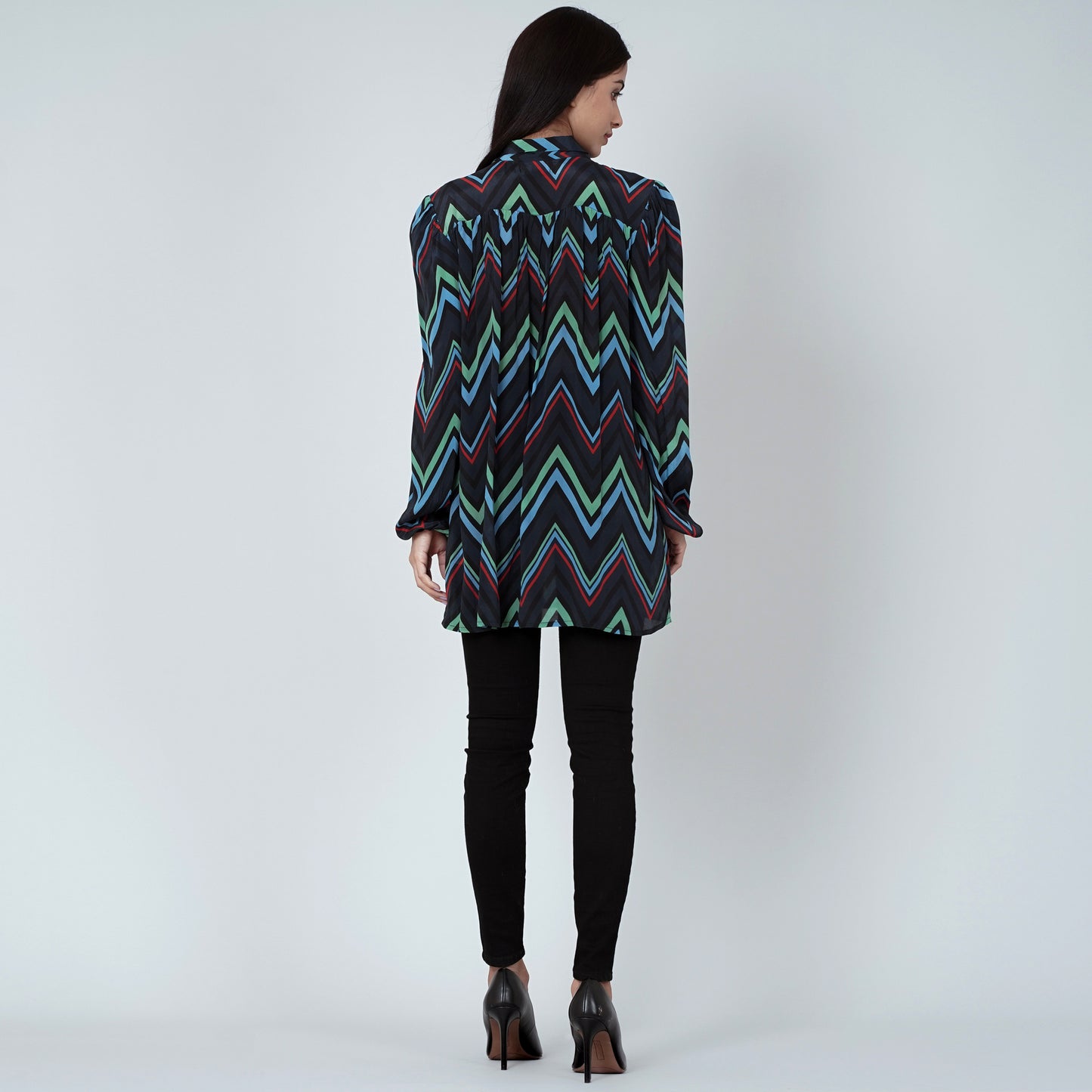 Blue and Green Chevron Tie-Neck Top