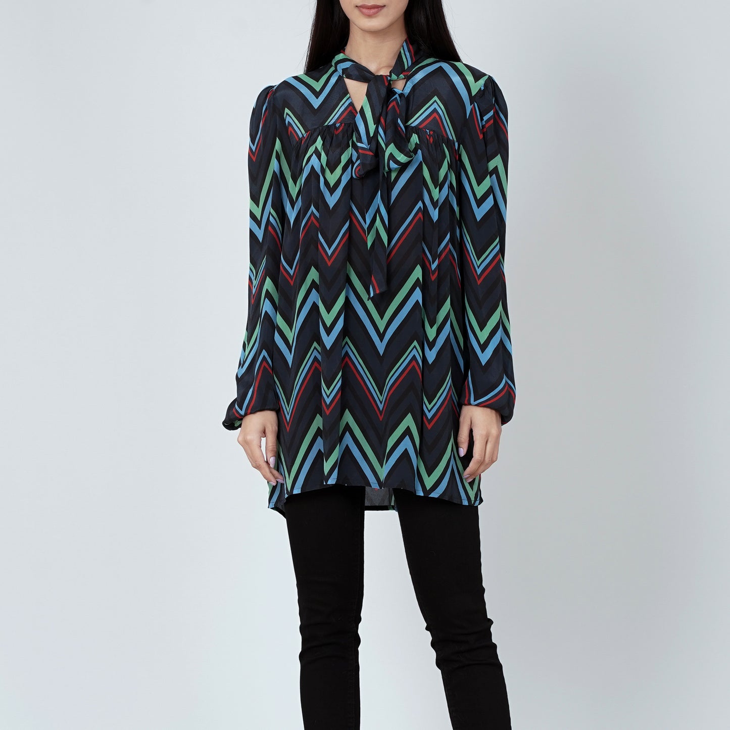 Blue and Green Chevron Tie-Neck Top