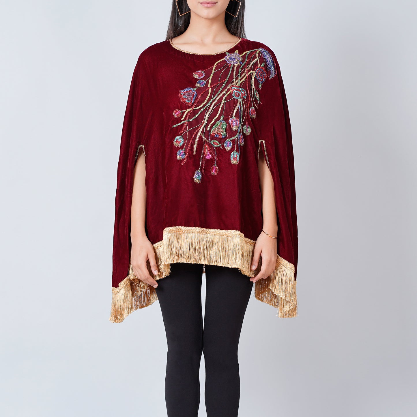 Maroon Floral Sequinned Velvet Poncho with Golden Fringe