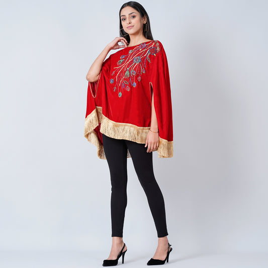 Red Floral Sequinned Velvet Poncho with Golden Fringe