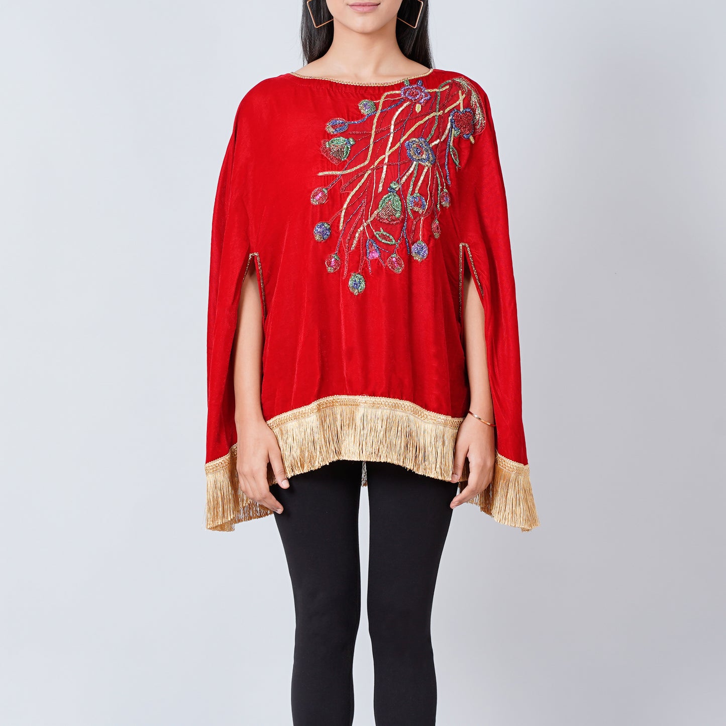 Red Floral Sequinned Velvet Poncho with Golden Fringe