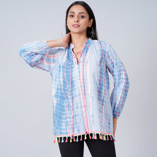Blue Tie-Dye Blouson Top