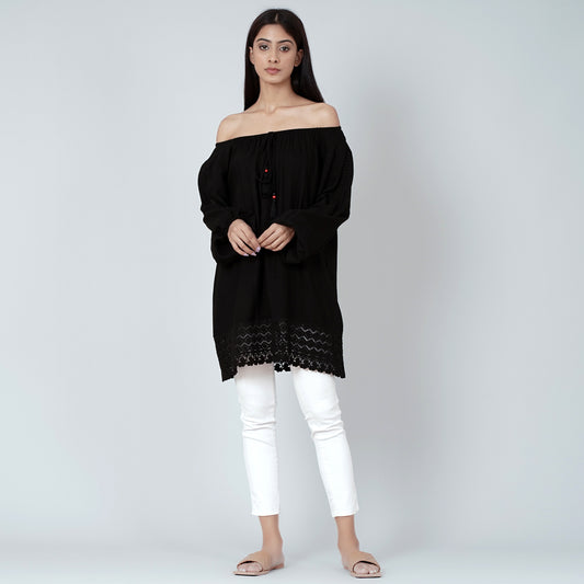 Black Lace Peasant Top