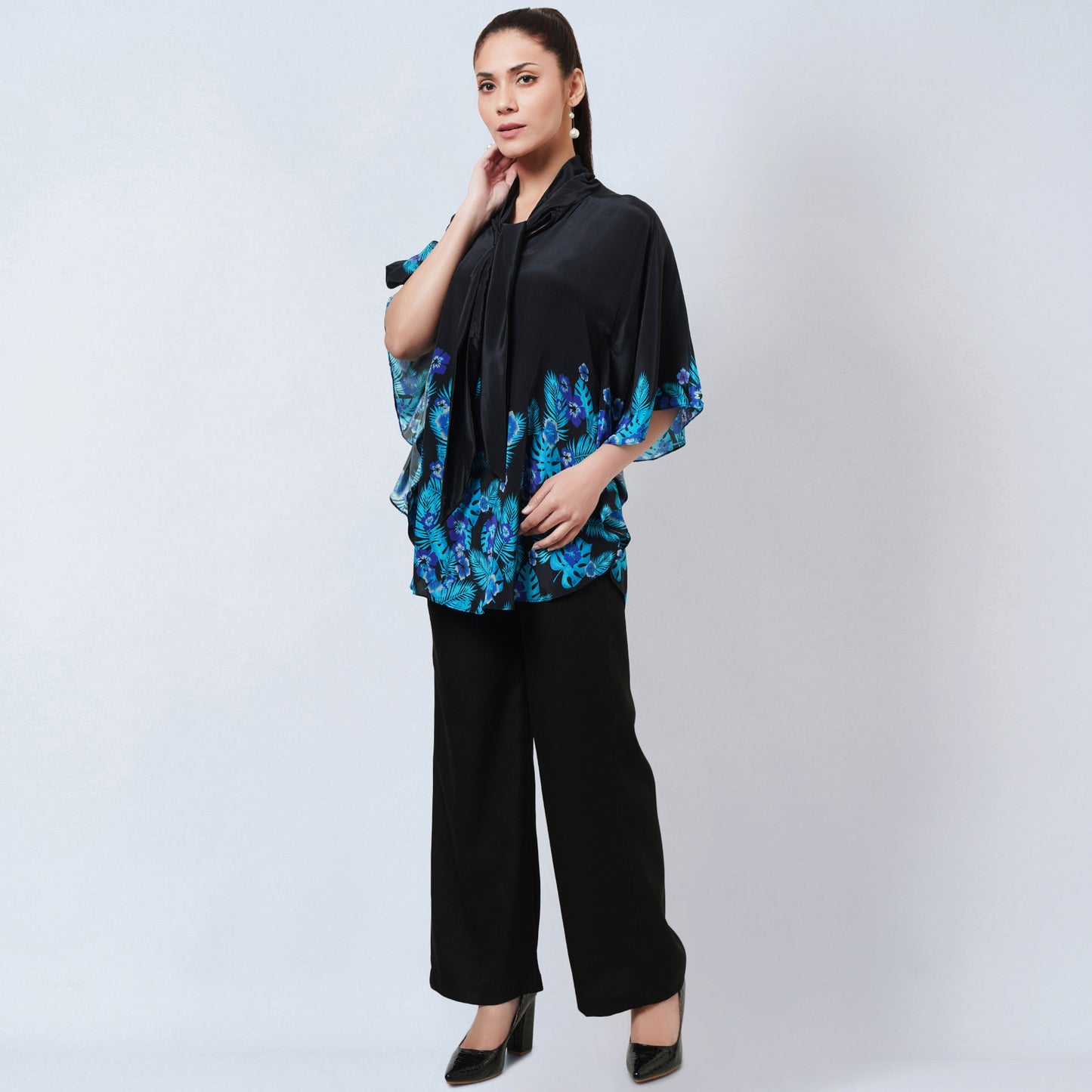 Black and Blue Floral Bow-Tie Top