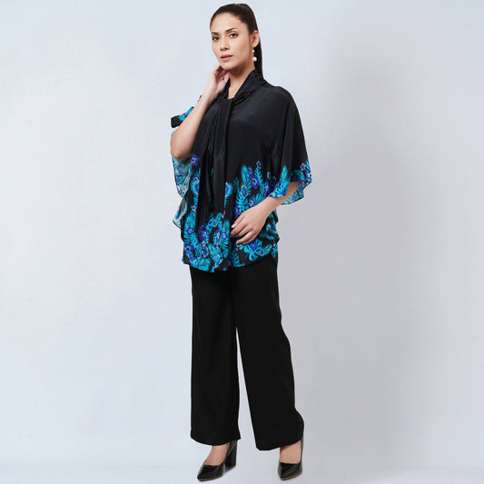 Black and Blue Floral Bow-Tie Top