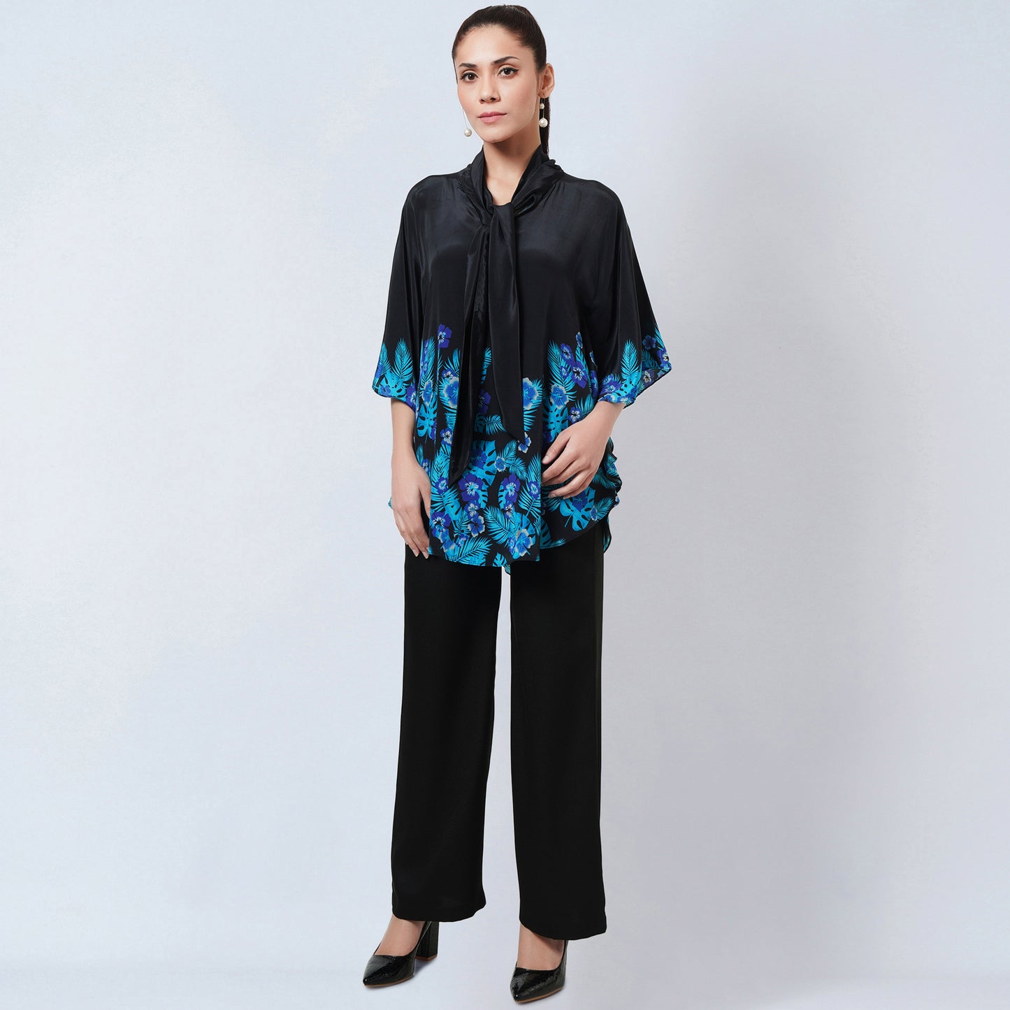 Black and Blue Floral Bow-Tie Top
