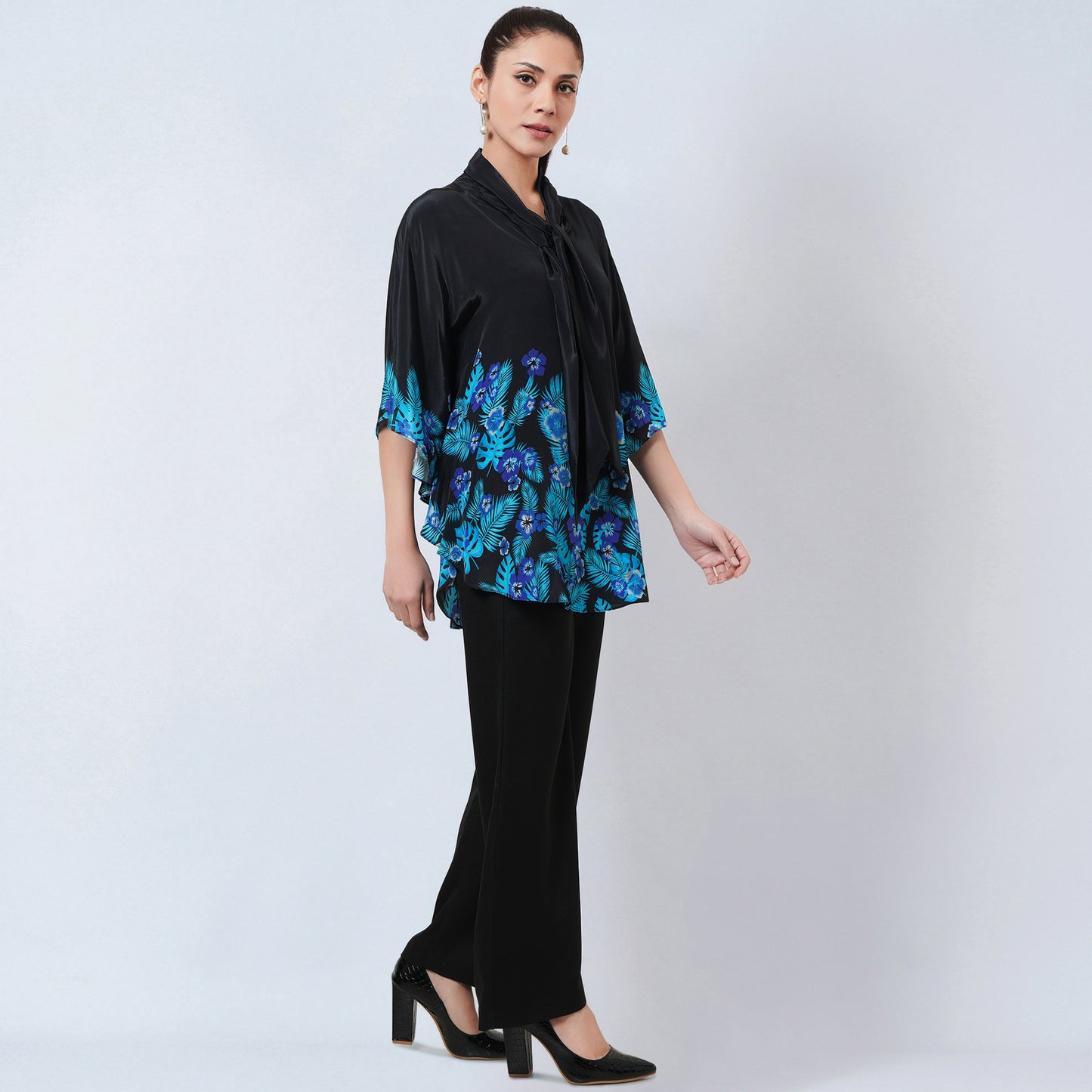 Black and Blue Floral Bow-Tie Top