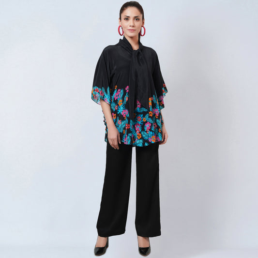 Black and Orange Floral Bow-Tie Top