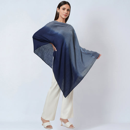 Grey and Blue Ombre Asymmetrical Embellished Cashmere Poncho