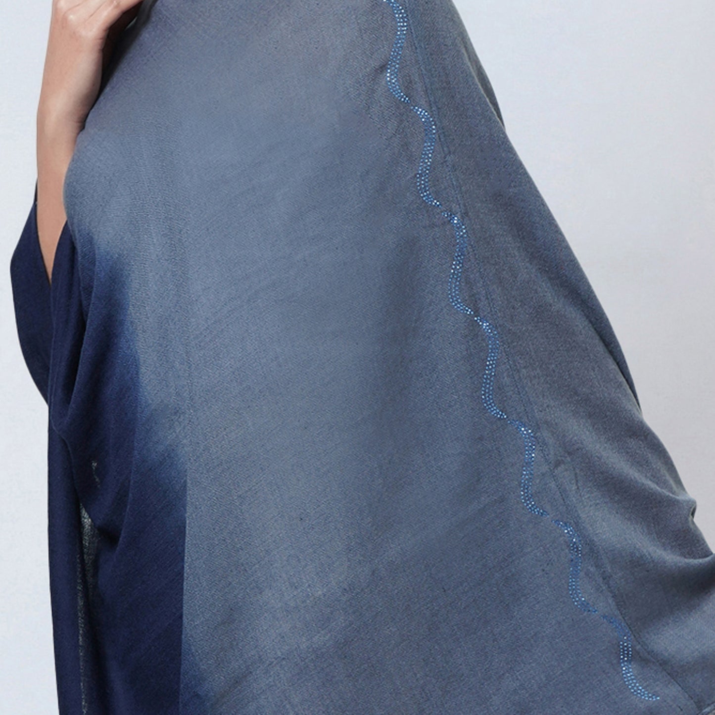 Grey and Blue Ombre Asymmetrical Embellished Cashmere Poncho