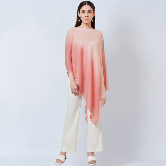 Pink Ombre Asymmetrical Embellished Cashmere Poncho
