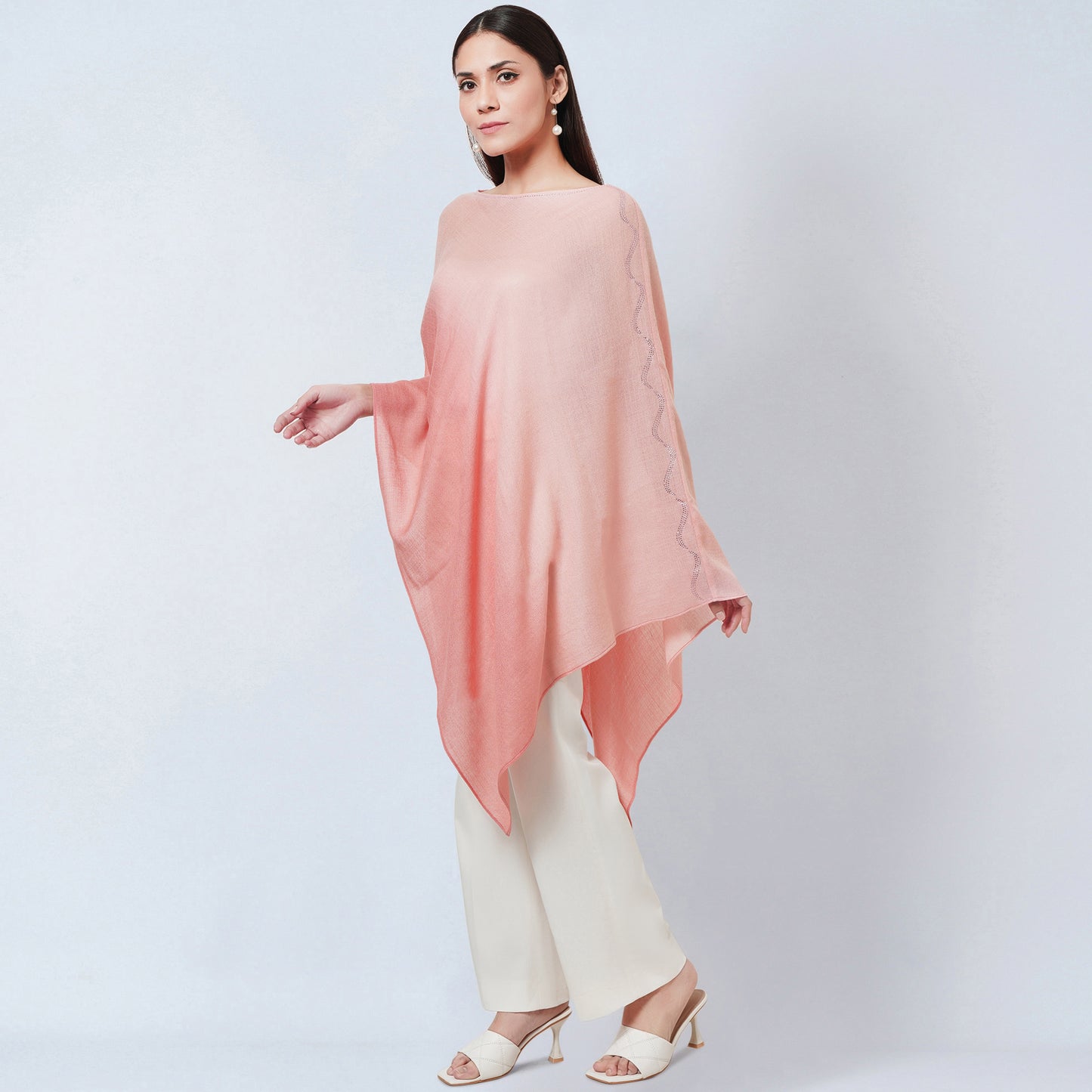 Pink Ombre Asymmetrical Embellished Cashmere Poncho
