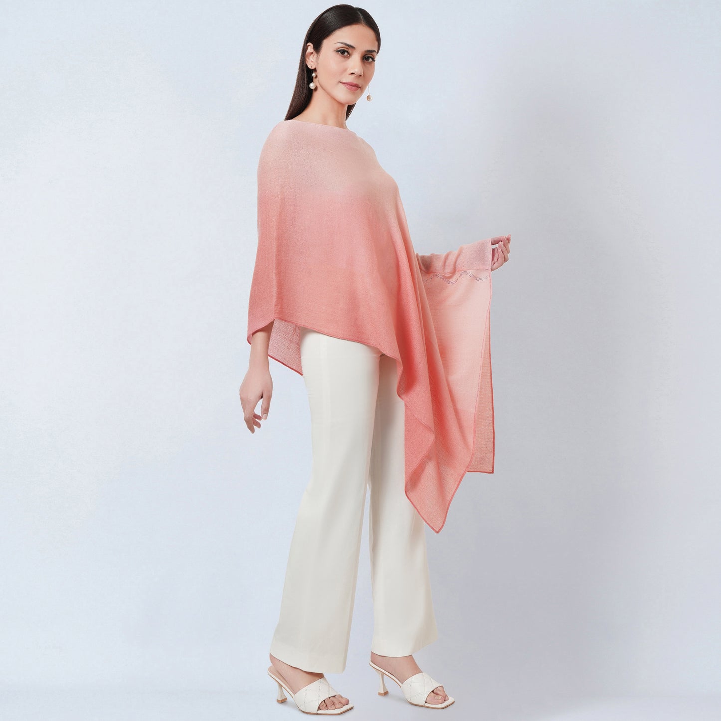 Pink Ombre Asymmetrical Embellished Cashmere Poncho
