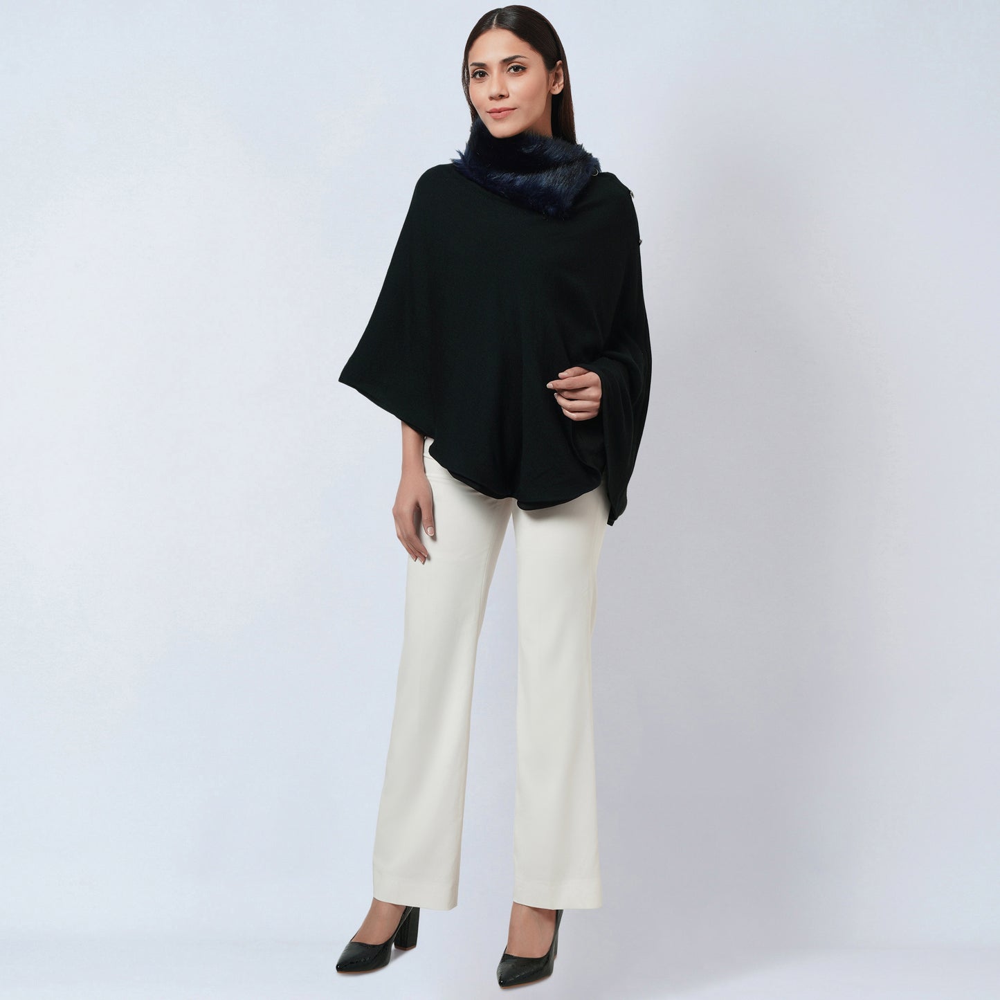 Black Asymmetrical Fur Collar Cashmere Poncho