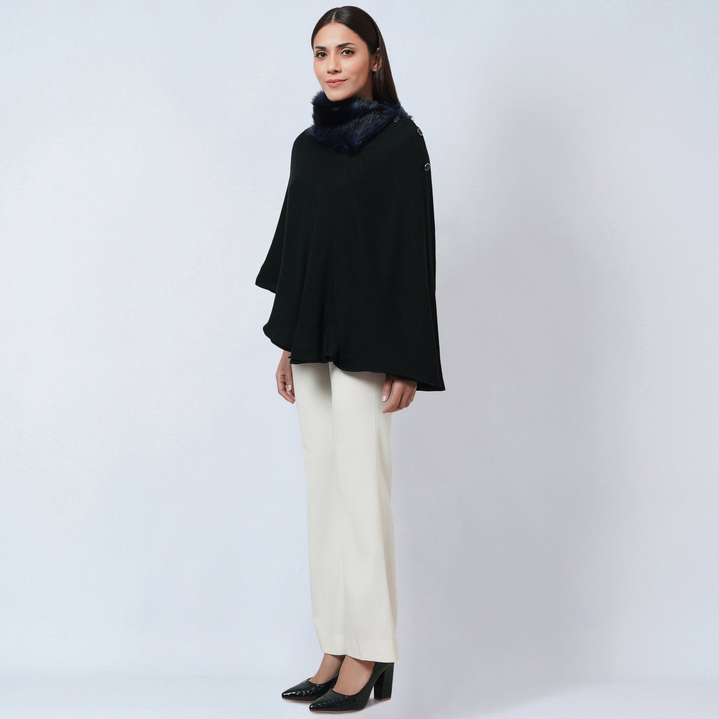 Black Asymmetrical Fur Collar Cashmere Poncho