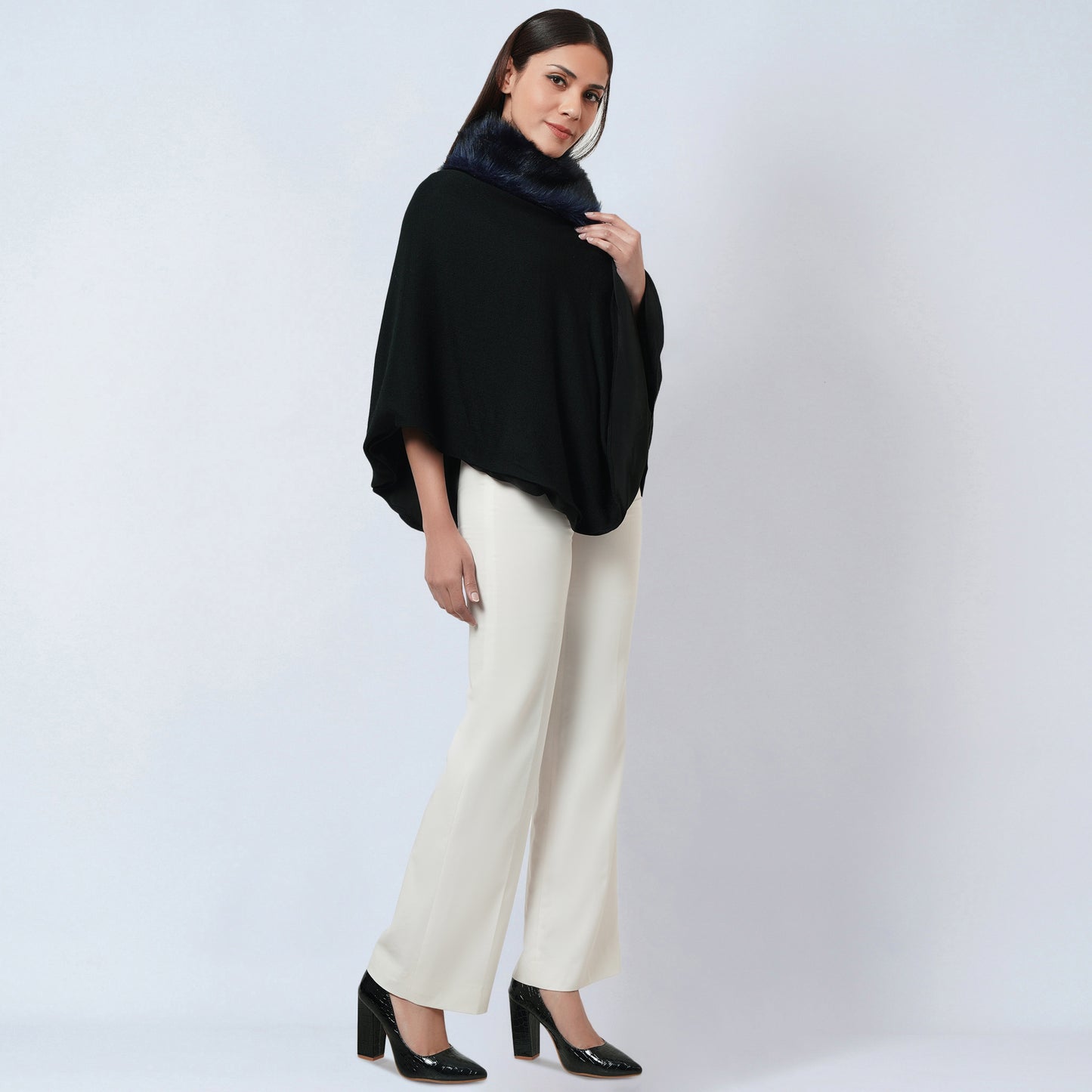 Black Asymmetrical Fur Collar Cashmere Poncho