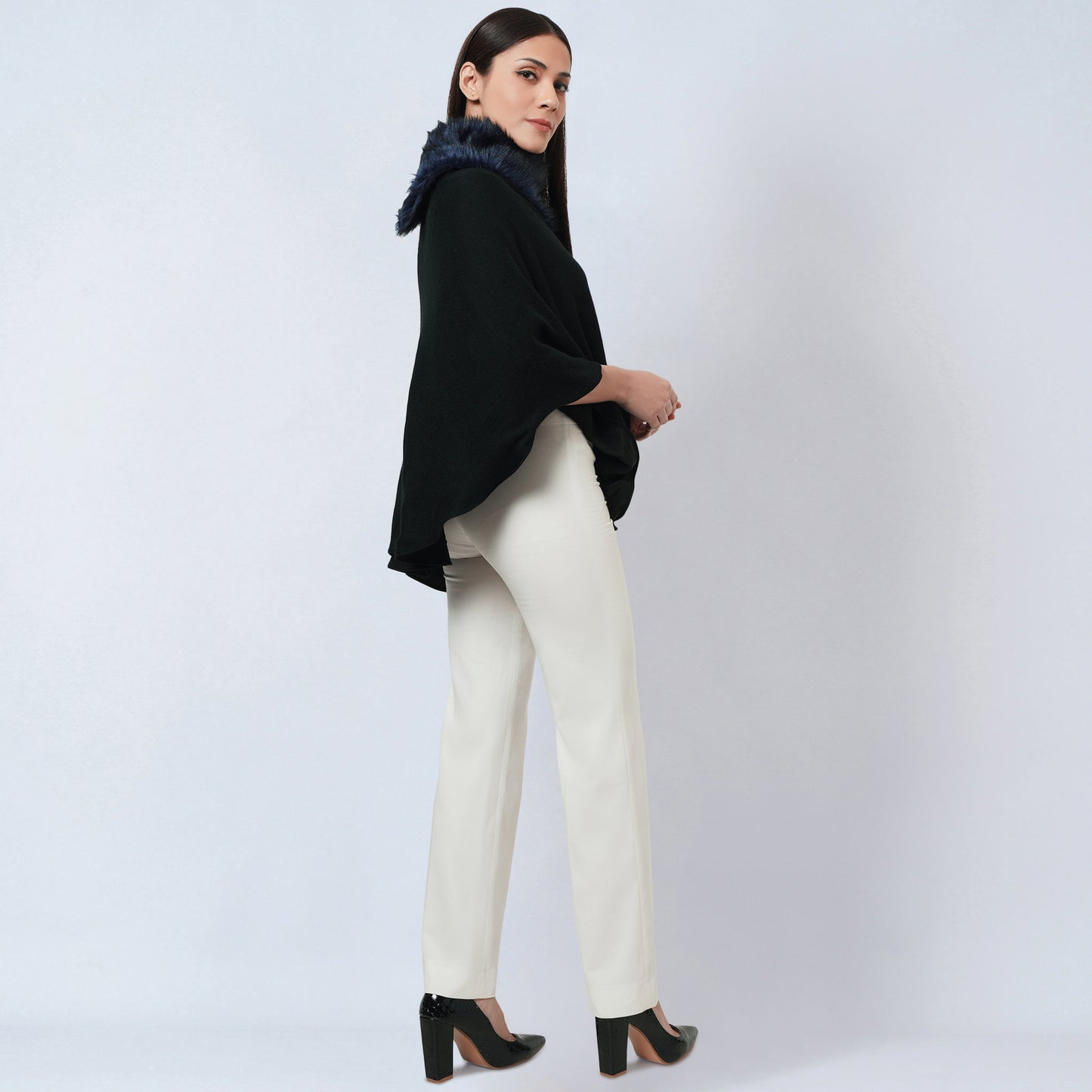 Black Asymmetrical Fur Collar Cashmere Poncho