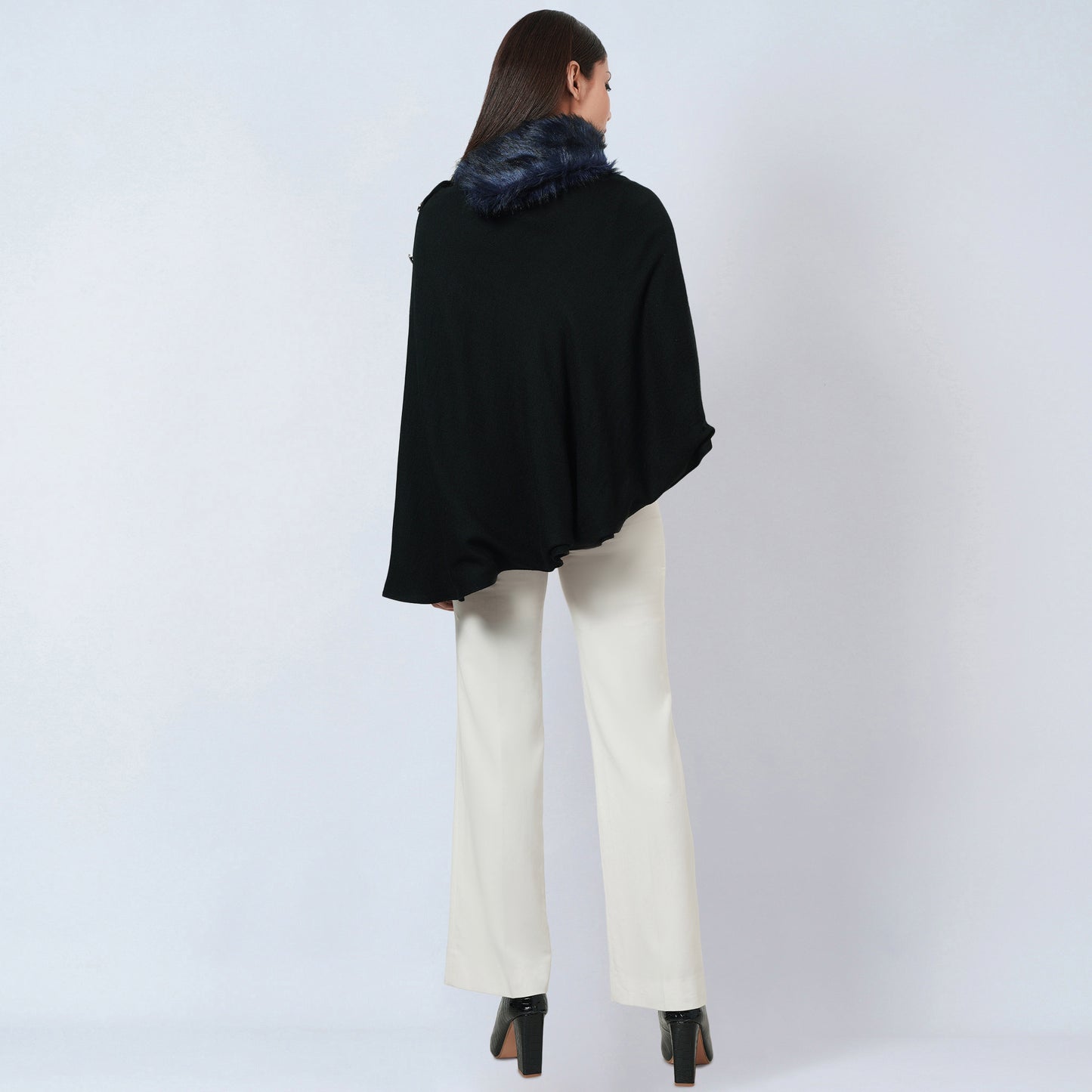 Black Asymmetrical Fur Collar Cashmere Poncho