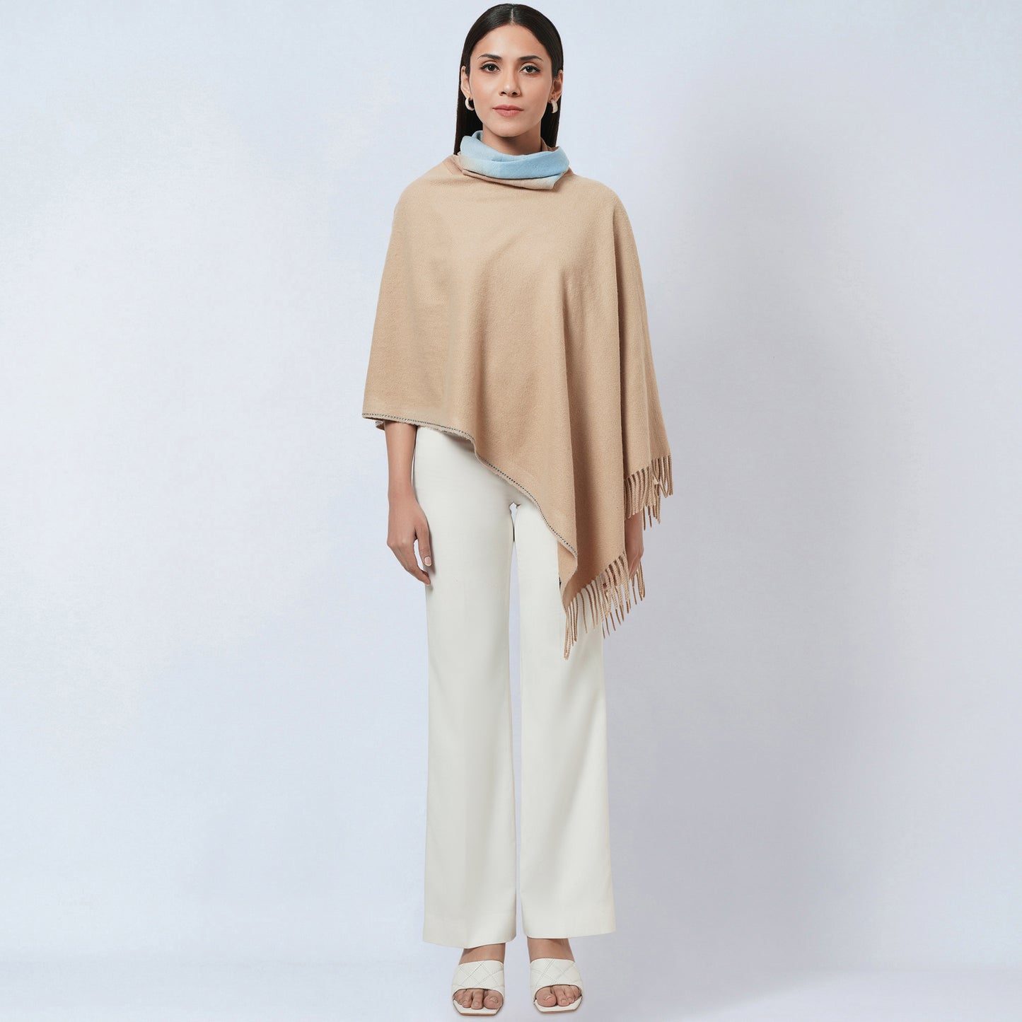 Beige Asymmetrical Cowl Neck Embellished Cashmere Poncho