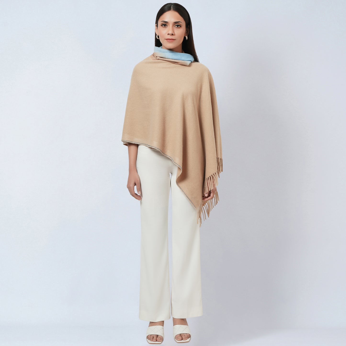 Beige Asymmetrical Cowl Neck Embellished Cashmere Poncho