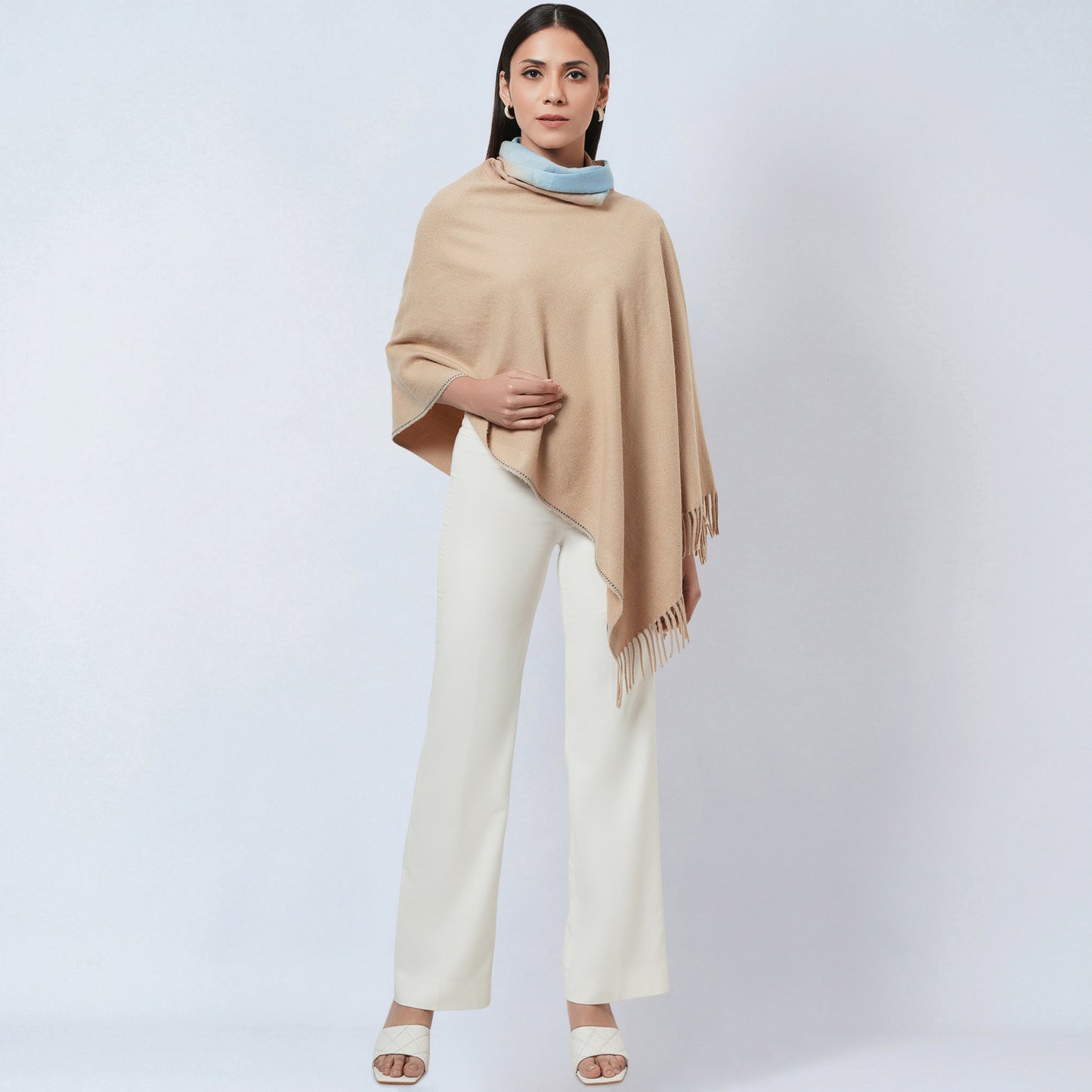 Beige Asymmetrical Cowl Neck Embellished Cashmere Poncho