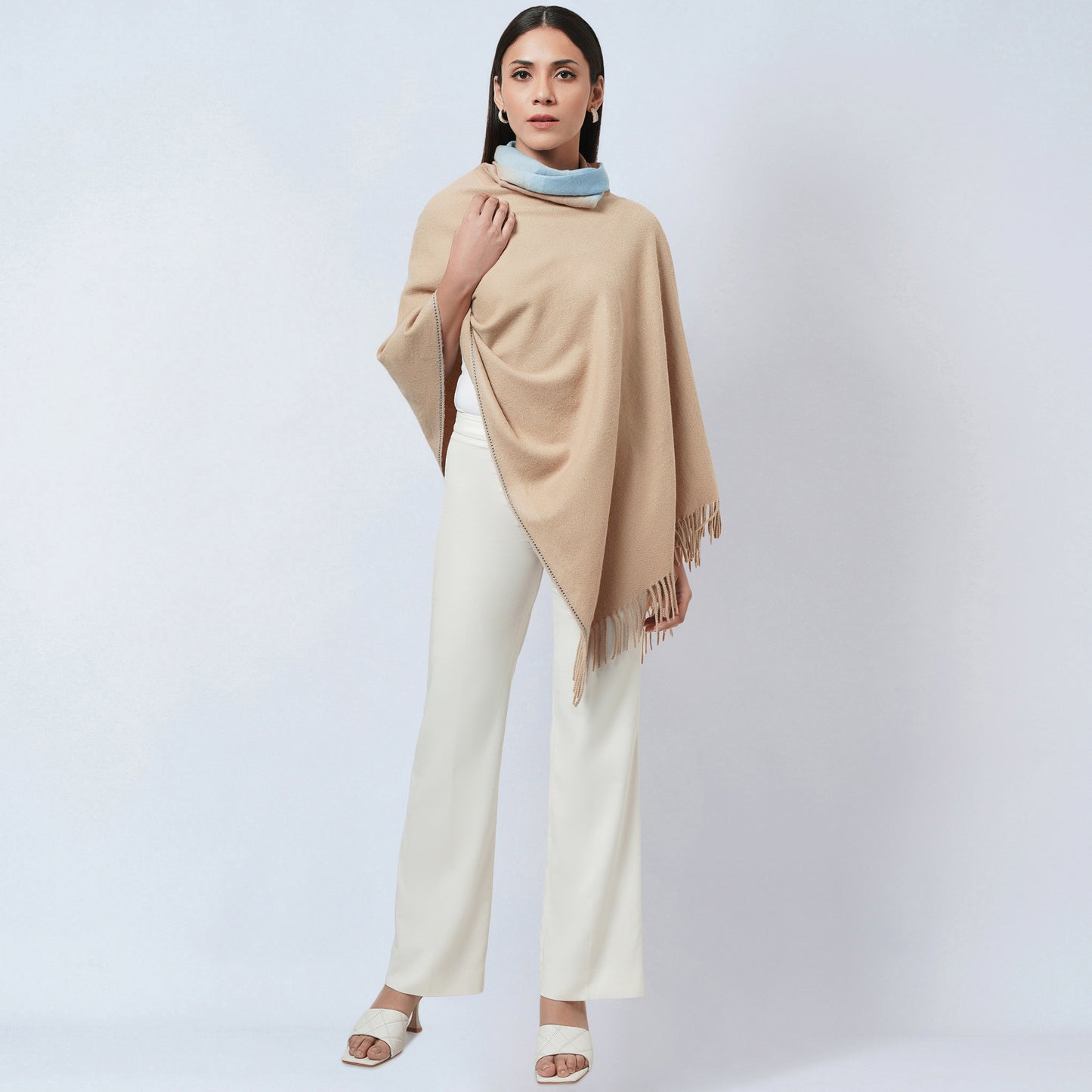 Beige Asymmetrical Cowl Neck Embellished Cashmere Poncho