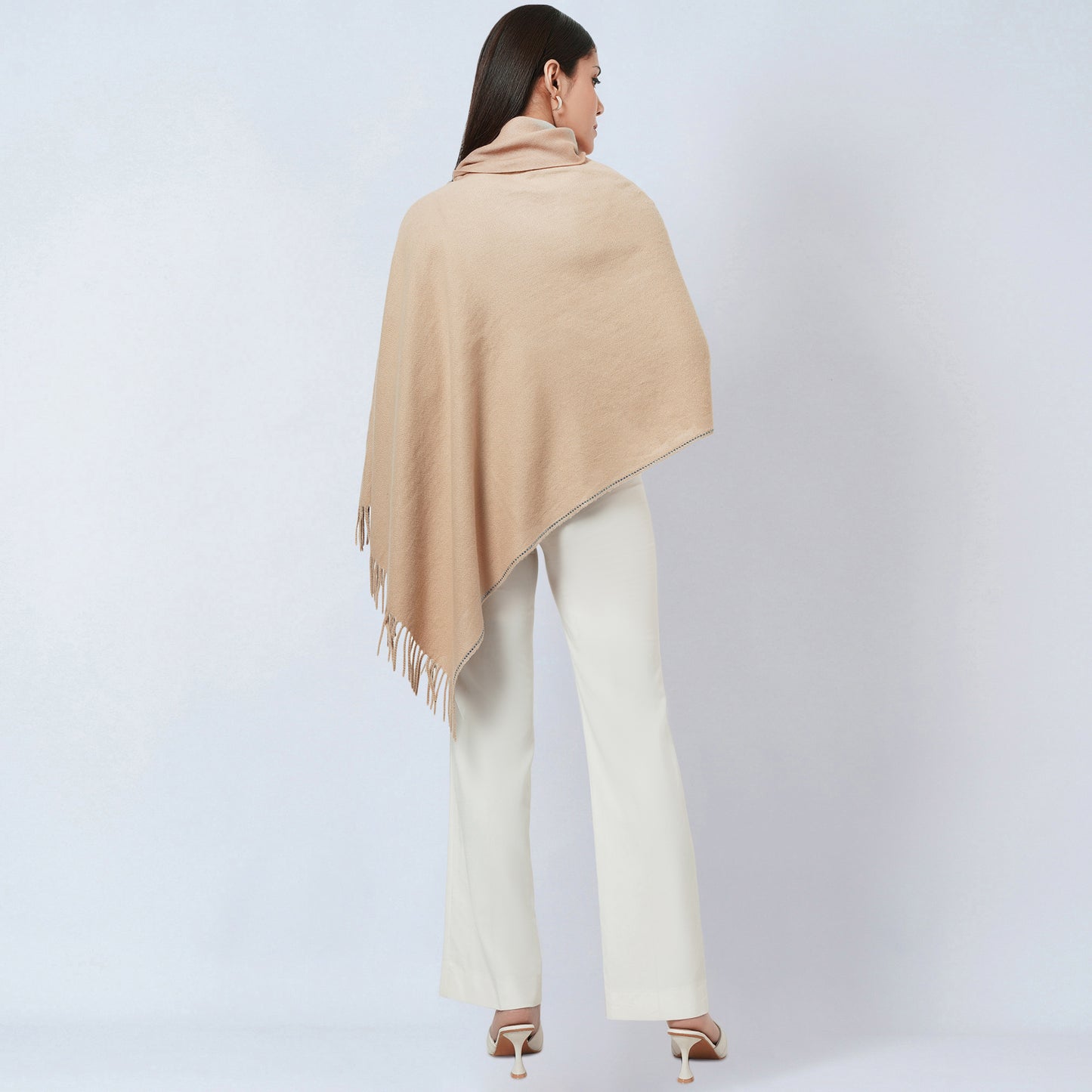Beige Asymmetrical Cowl Neck Embellished Cashmere Poncho
