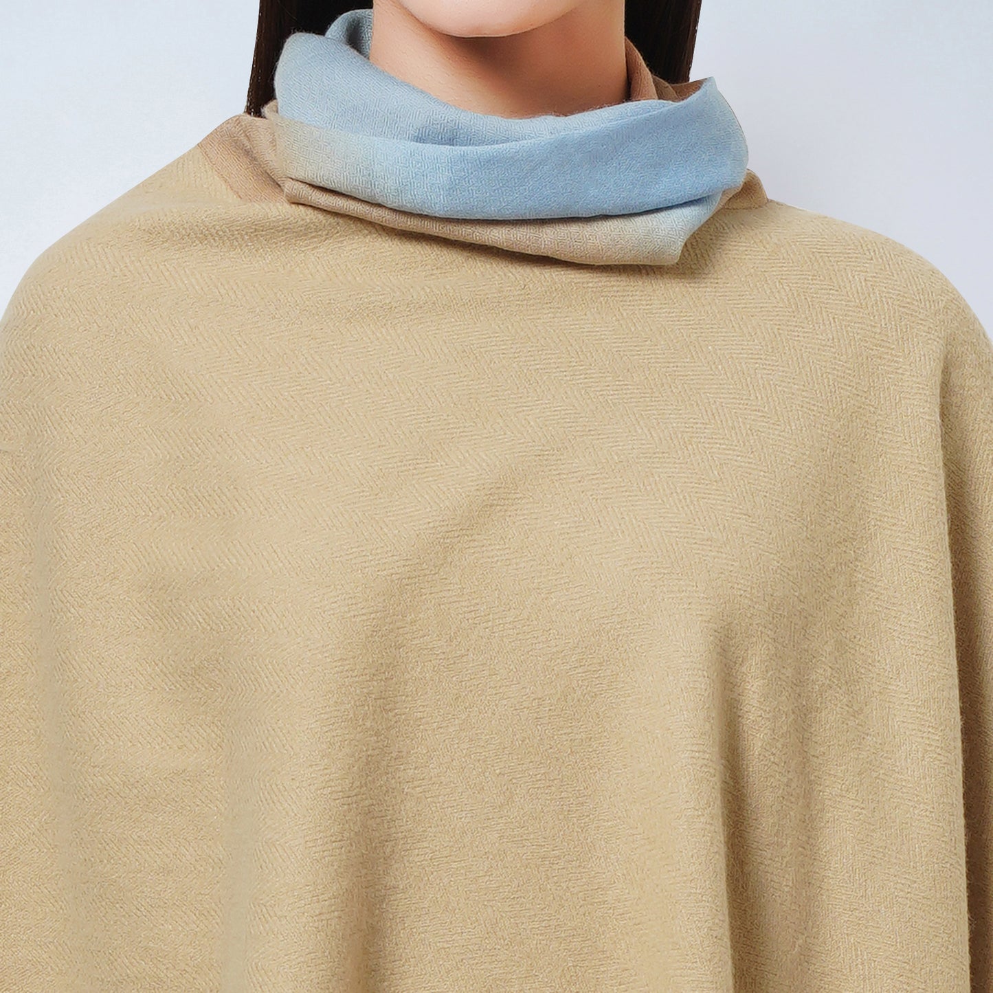 Beige Asymmetrical Cowl Neck Embellished Cashmere Poncho