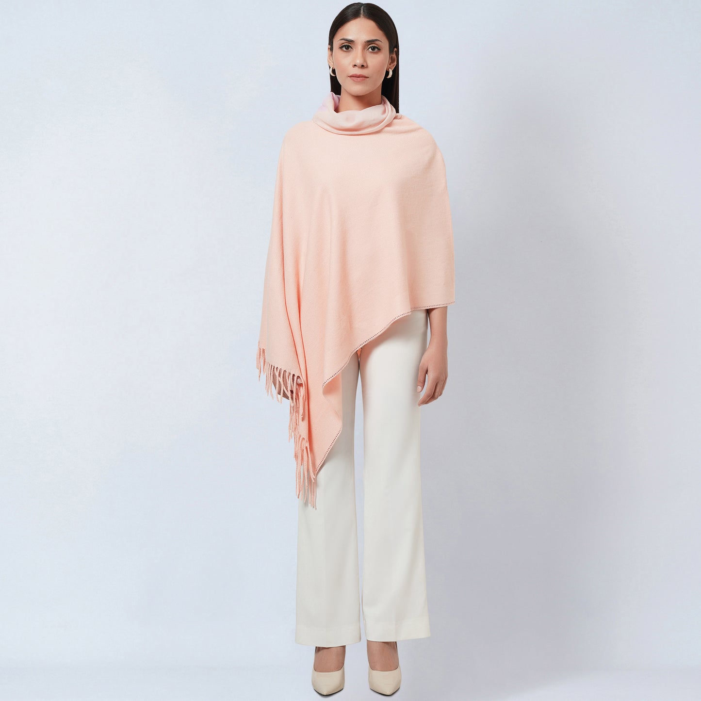Pink Asymmetrical Cowl Neck Embellished Cashmere Poncho