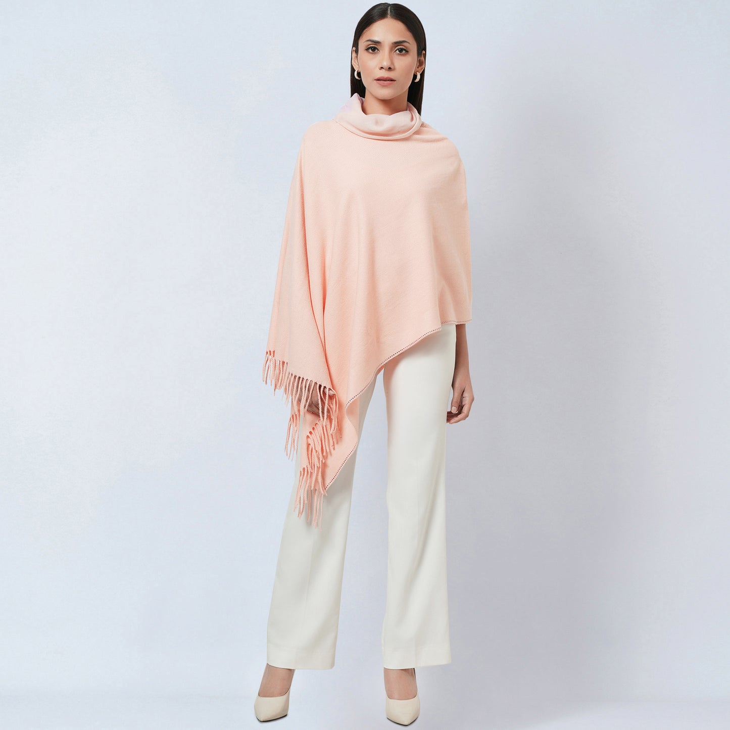 Pink Asymmetrical Cowl Neck Embellished Cashmere Poncho