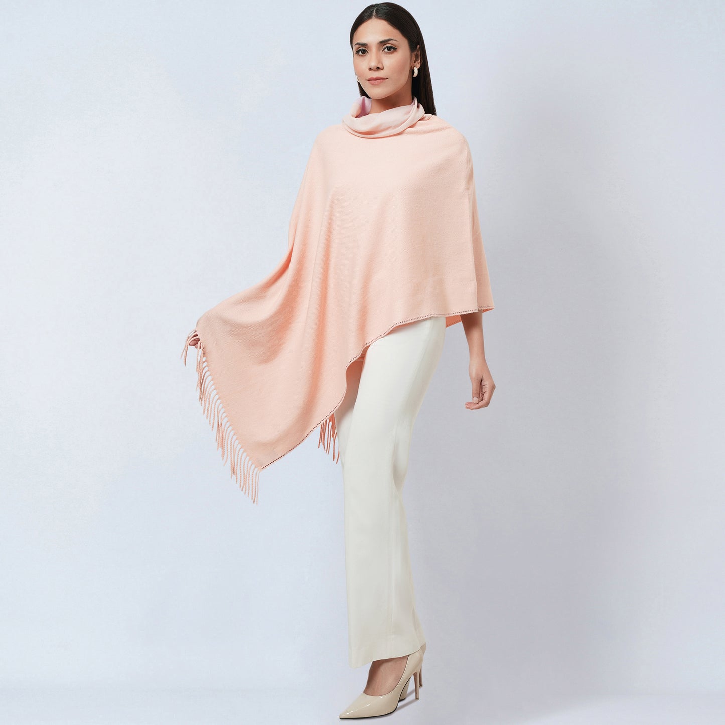 Pink Asymmetrical Cowl Neck Embellished Cashmere Poncho