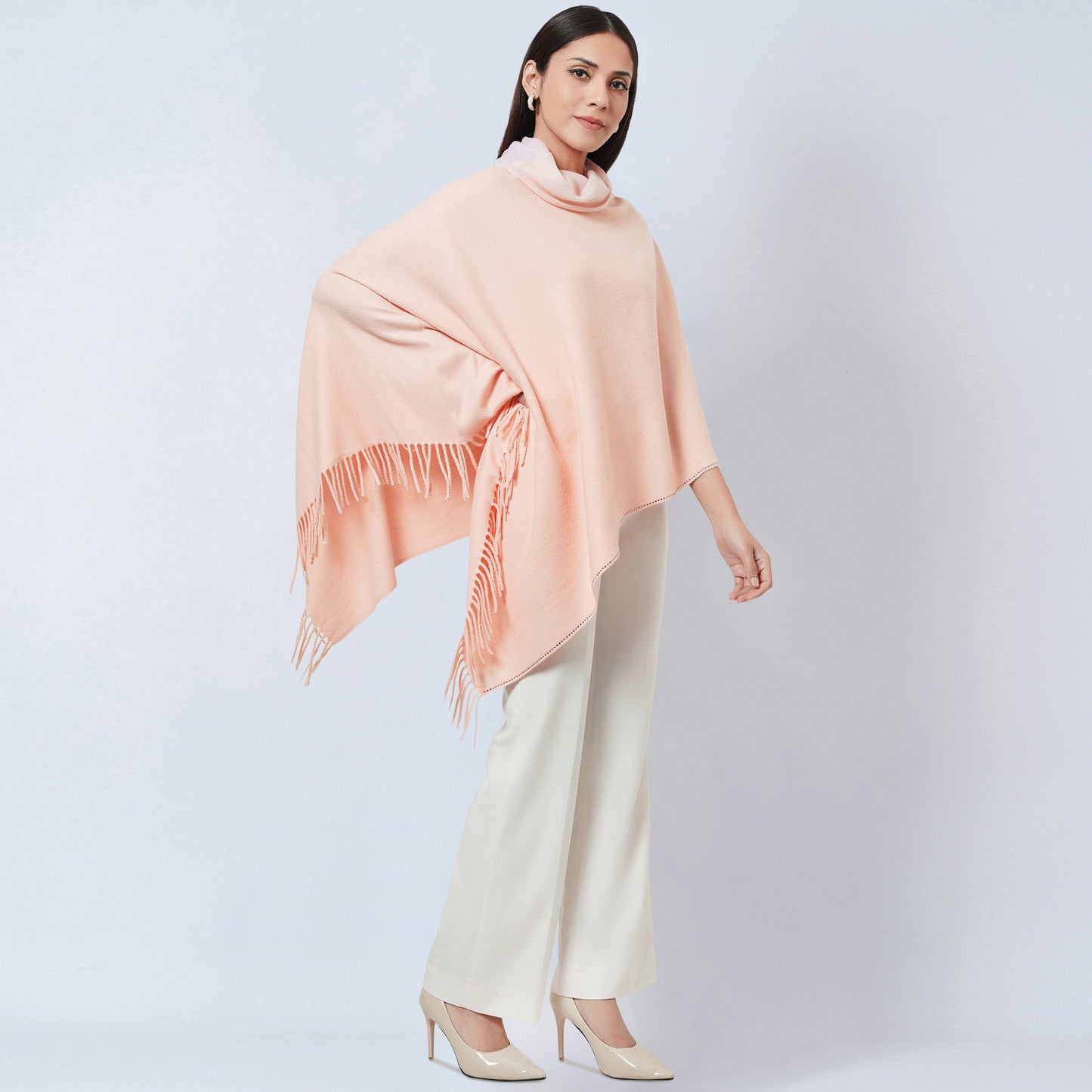 Pink Asymmetrical Cowl Neck Embellished Cashmere Poncho