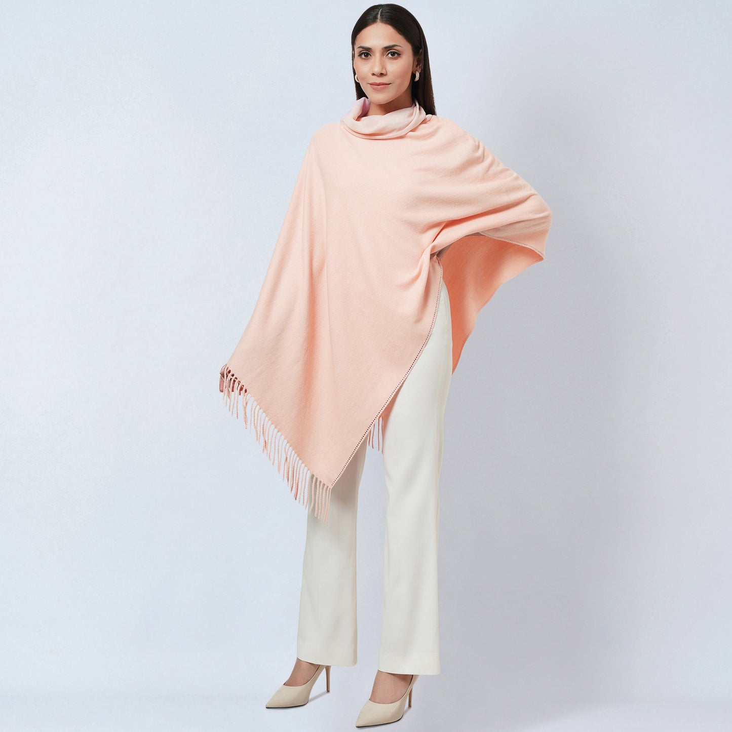 Pink Asymmetrical Cowl Neck Embellished Cashmere Poncho