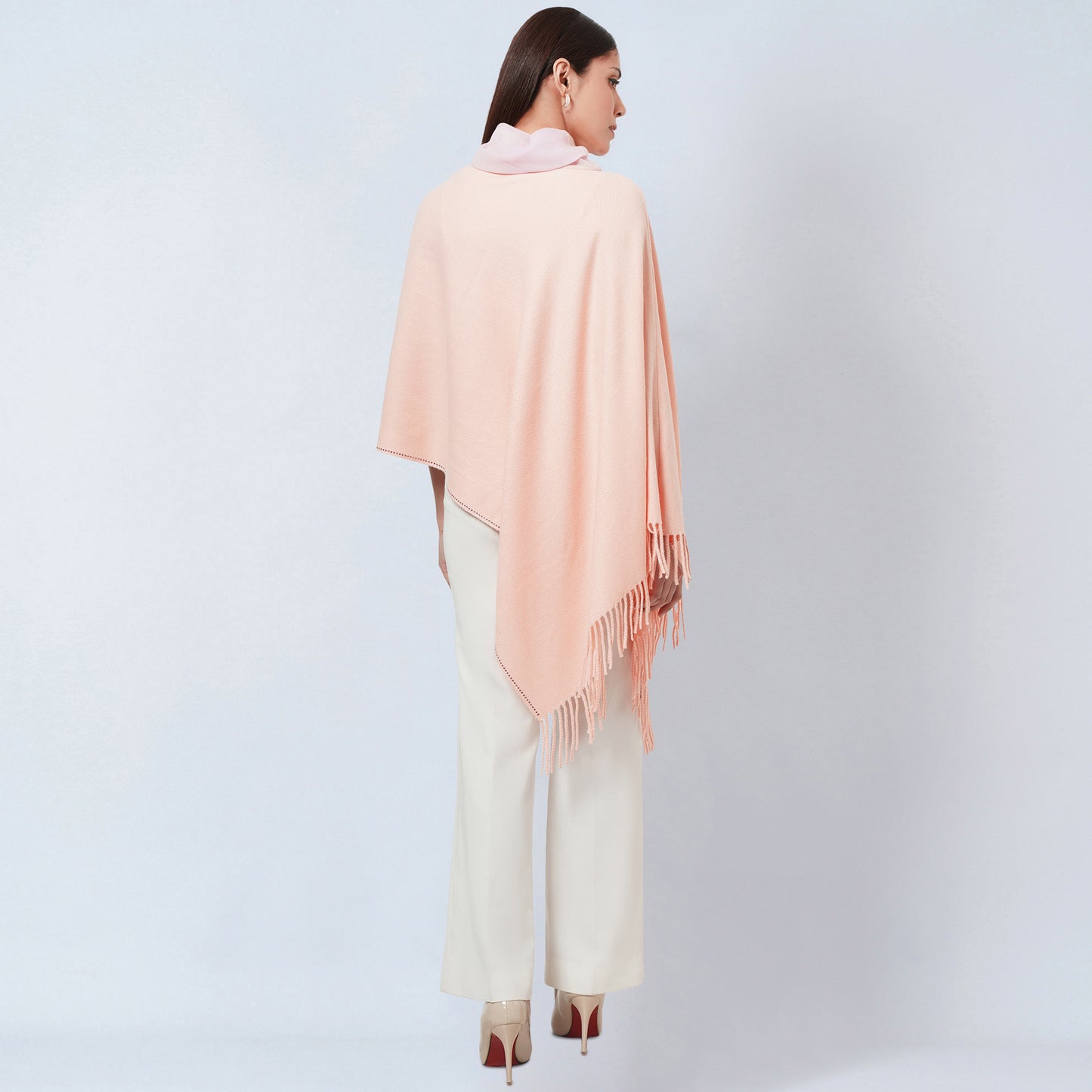 Pink Asymmetrical Cowl Neck Embellished Cashmere Poncho