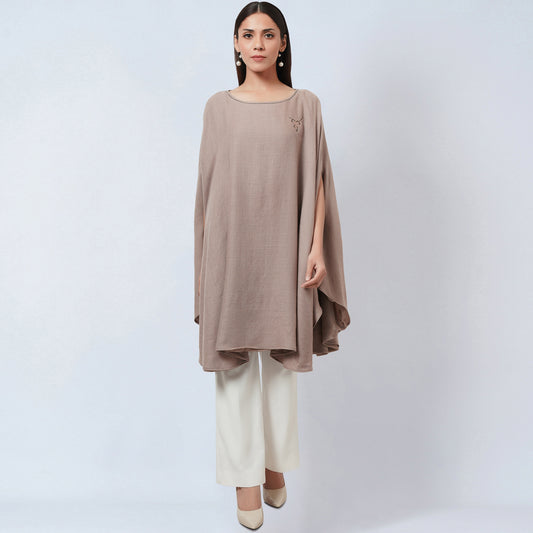 Taupe Embellished Long Cashmere Poncho