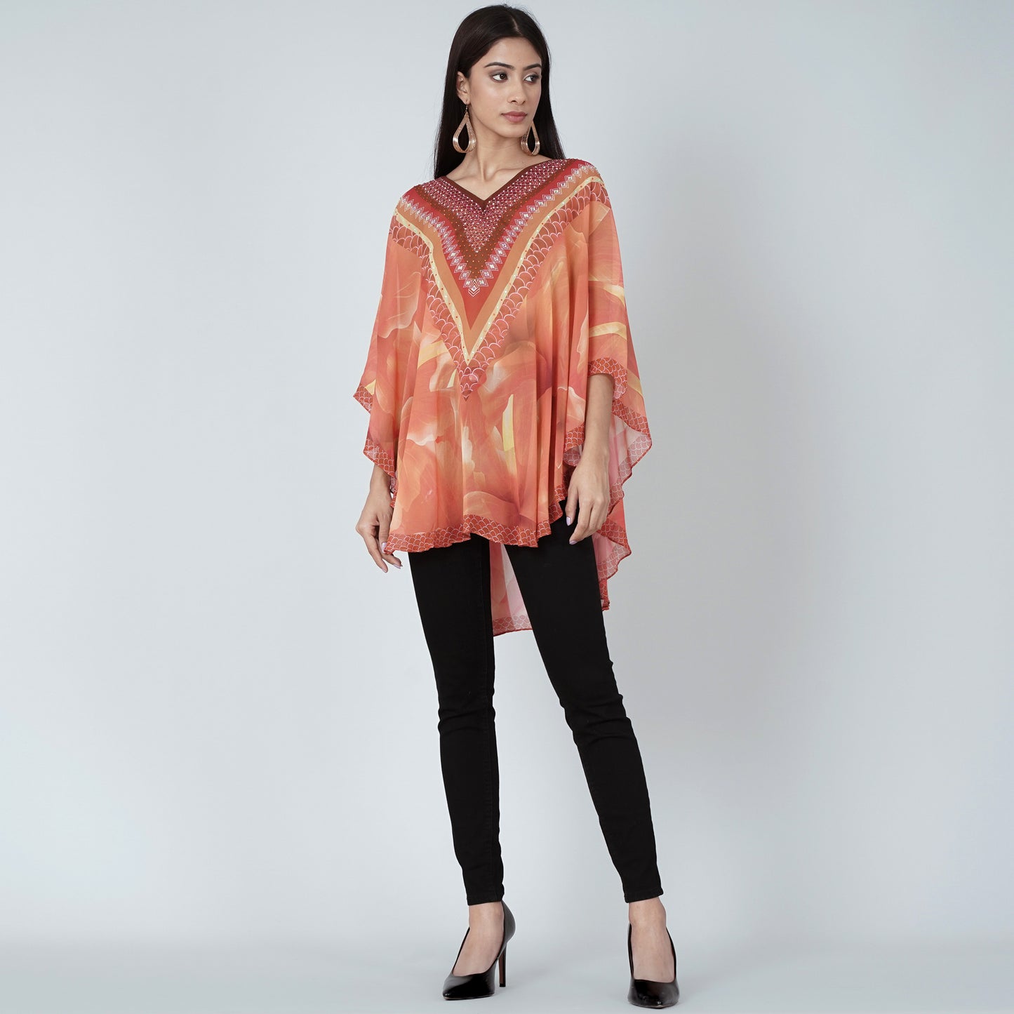 Orange and Red Embellished Floral Tunic