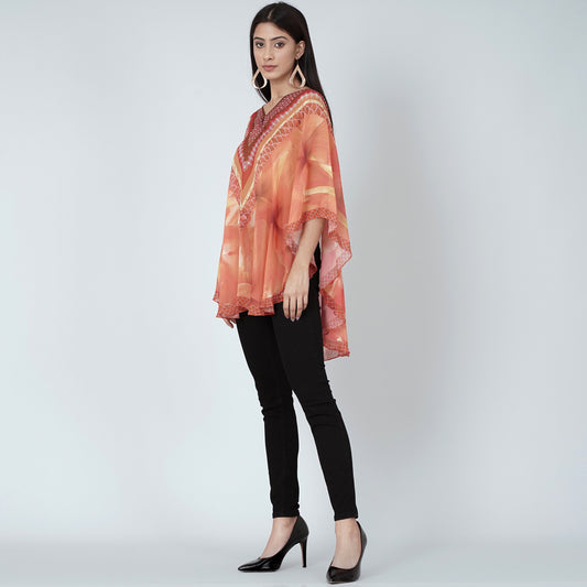 Orange and Red Embellished Floral Tunic