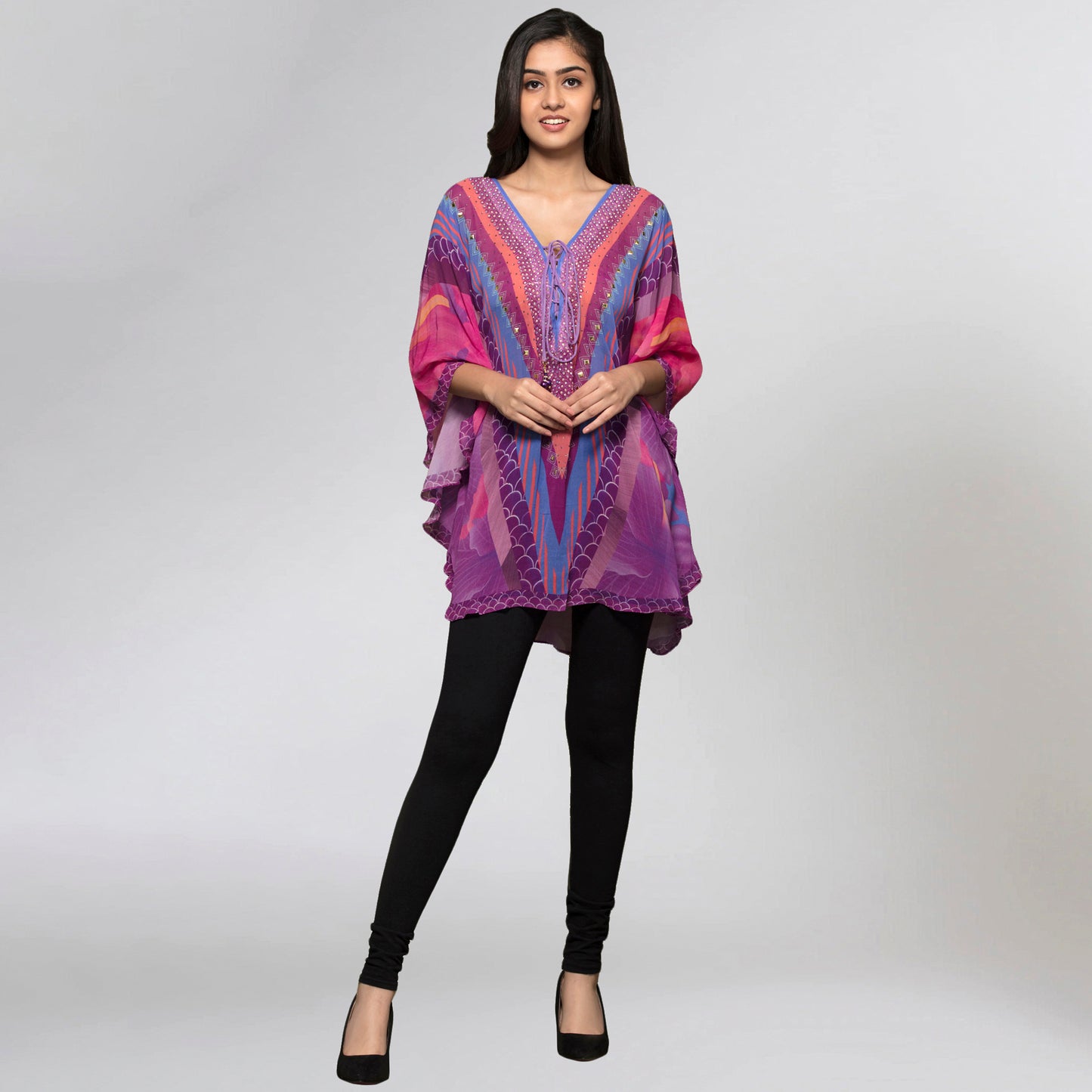 Pink and Purple Embellished Floral Tunic
