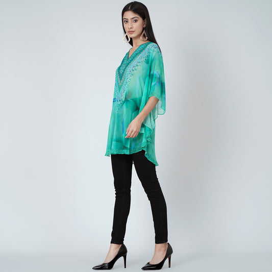 Turquoise Embellished Floral Tunic