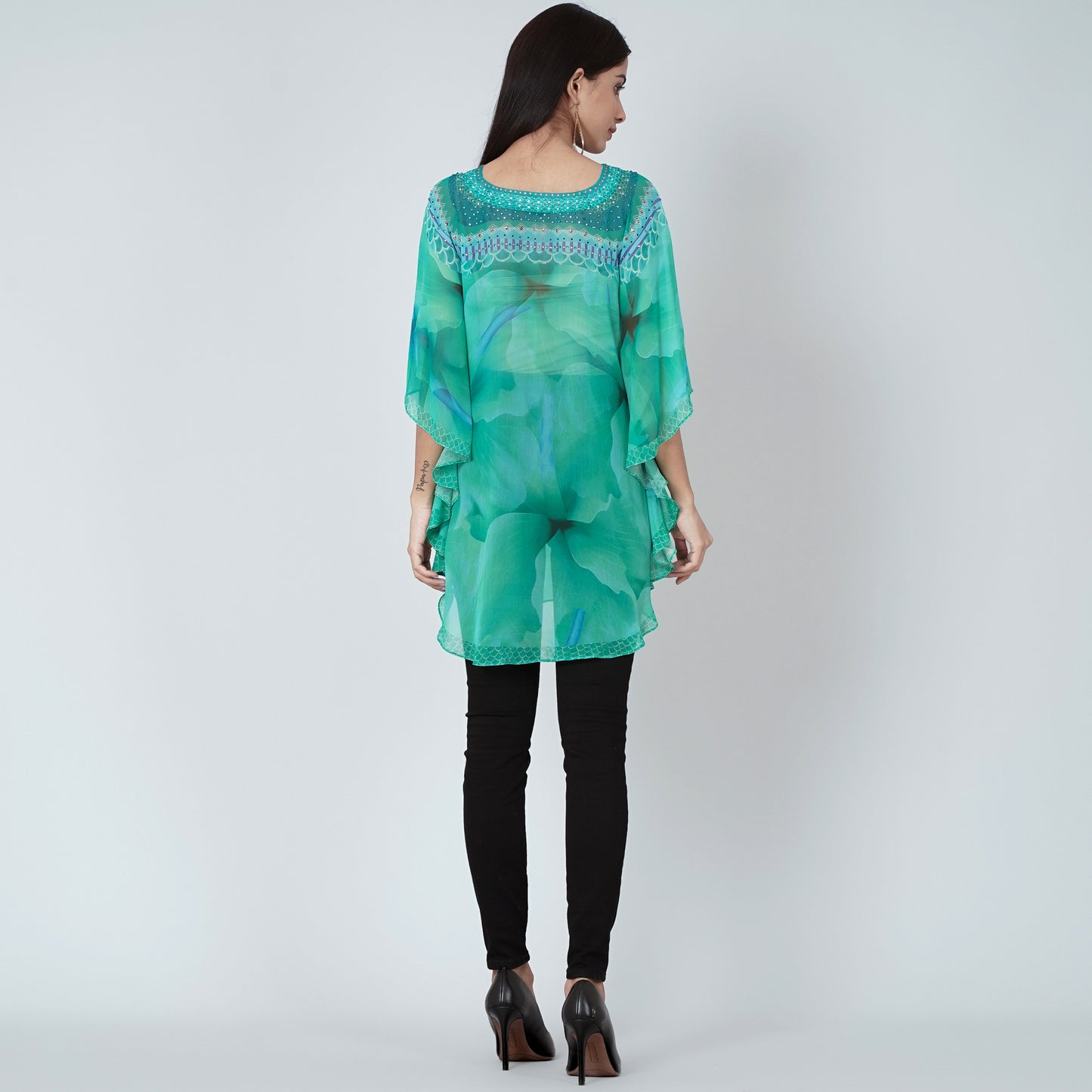 Turquoise Embellished Floral Tunic