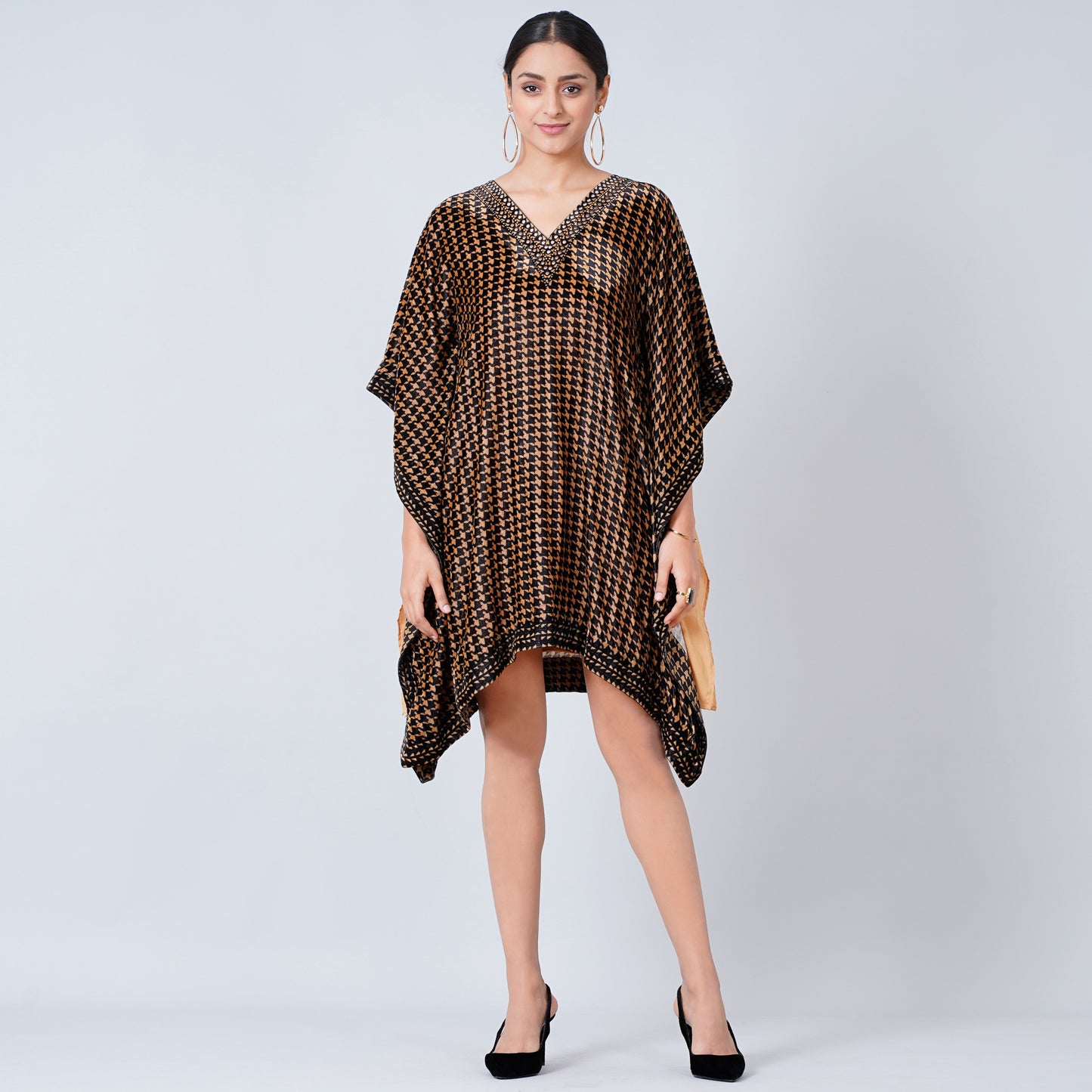 Beige Crystal Embellished Houndstooth Silk Velvet Tunic