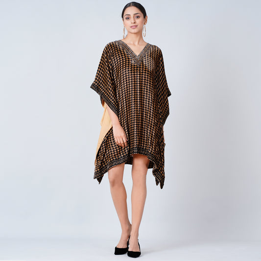 Beige Crystal Embellished Houndstooth Silk Velvet Tunic