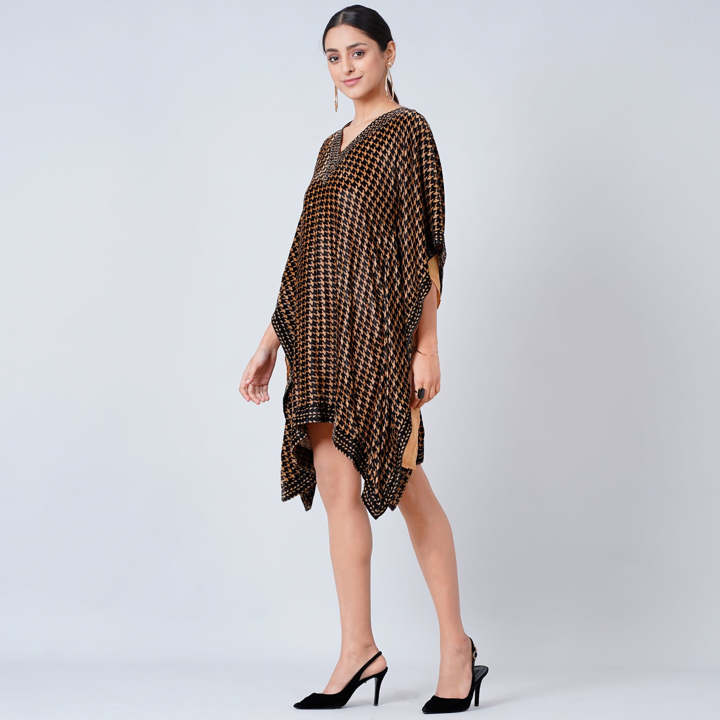 Beige Crystal Embellished Houndstooth Silk Velvet Tunic